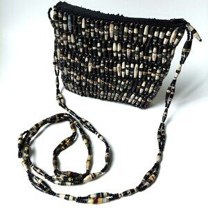 Beaded Small Purse Crossbody Shoulder Bag Wood Beads Black White Tan